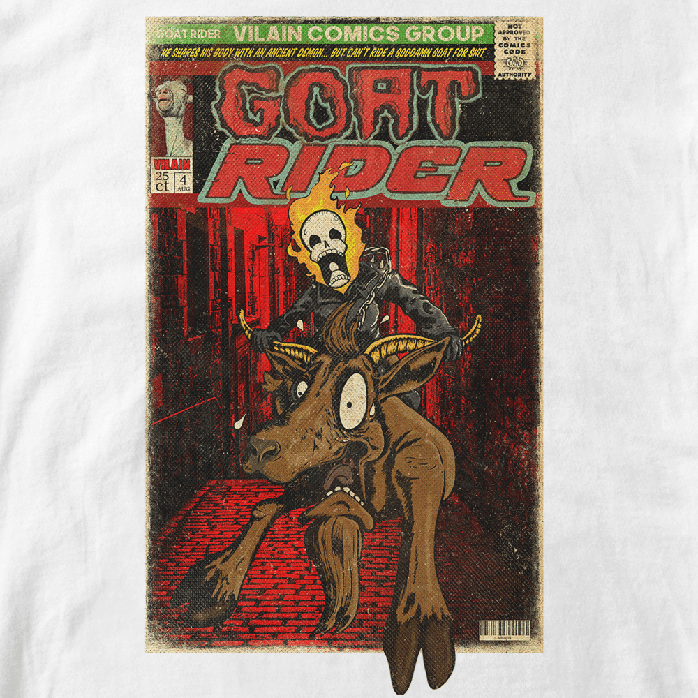 T-shirt Goat Rider. Parodie comics Ghost Rider. monter sur un bouc sort de la couverture. Infographie Lapin-Cyan Retouche Vilain le singe. Style vieux comics. Format A3