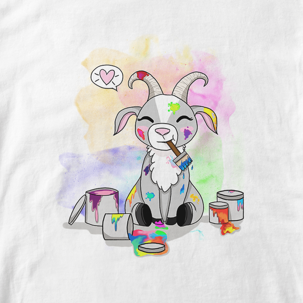 T-shirt Baby Paint. Illustration bébé chèvre jouant avec peinture. Infographie Batshit. Style cartoon enfants pastel. Format A4.