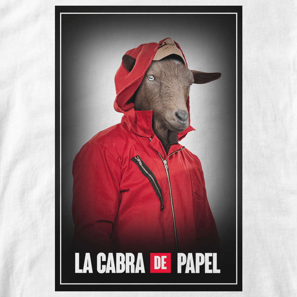 T-shirt Cabra de Papel. Parodie serie Casa de Papel Chèvre capuche rouge. Réalisation Batshit, style affiches Casa de Papel. Format A3