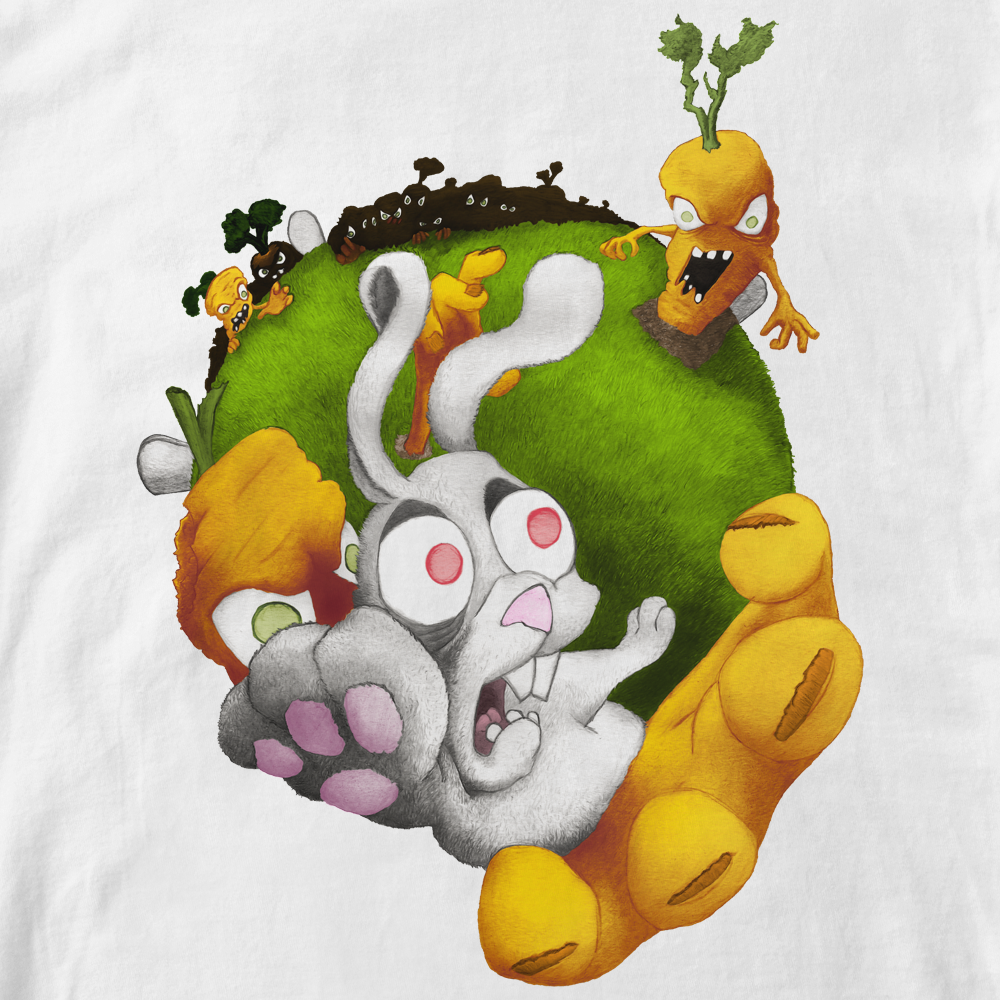 T-shirt "vengeancede carotte". Dessin style cartoon de carottes zombies attaquant un lapin . Dessin et infographie par Lapin Cyan